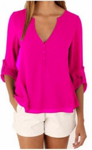 Collection for women בגדי נשים Chiffon Buttons V-Neck Irregular Hem Adjustable Sleeves Solid Causal Blouse