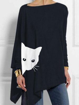 Collection for women בגדי נשים Irregular Cartoon Cat Print Long Sleeve Splited Blouse