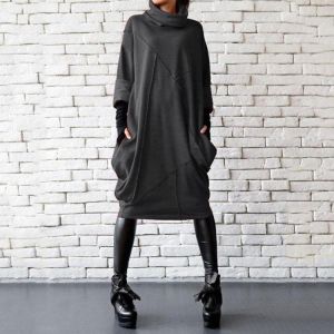 Collection for women בגדי נשים Women Solid color Turtleneck Neck Patchwork Casual Dress with Pockets